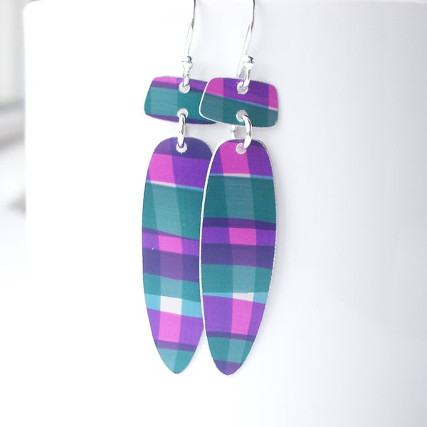 Long dangle earrings in purple and green checks