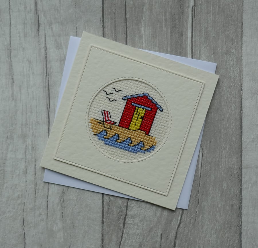 Cross Stitch Beach Hut - Blank Greetings Card