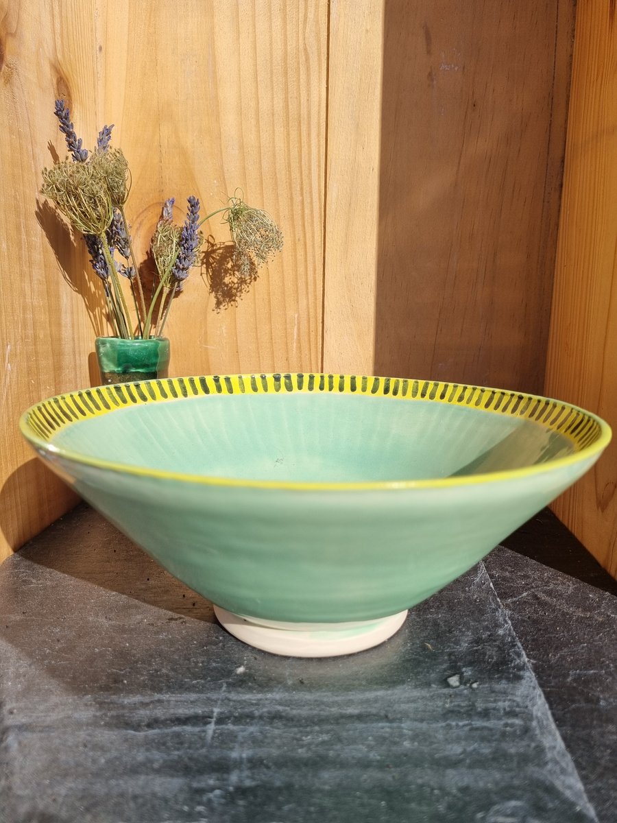 Stoneware Pottery Bowl, Green wheel thrown Bowl, Fruit Bowl,Large salad Bowl 