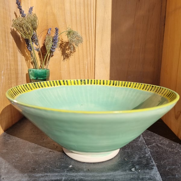 Stoneware Pottery Bowl, Green wheel thrown Bowl, Fruit Bowl,Large salad Bowl 