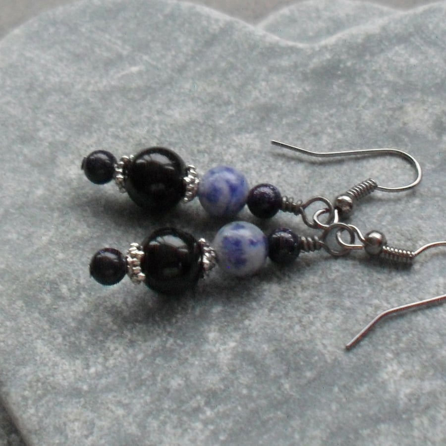Black Onyx Blue Jasper and Blue goldstone Drop Black Tone Earrings