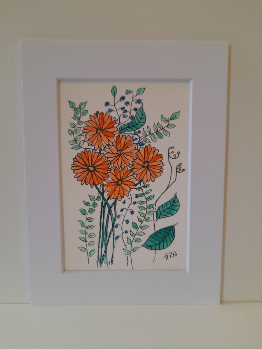 Fine point pen and watercolour floral drawing in 6x8 inch white mount HRN0002