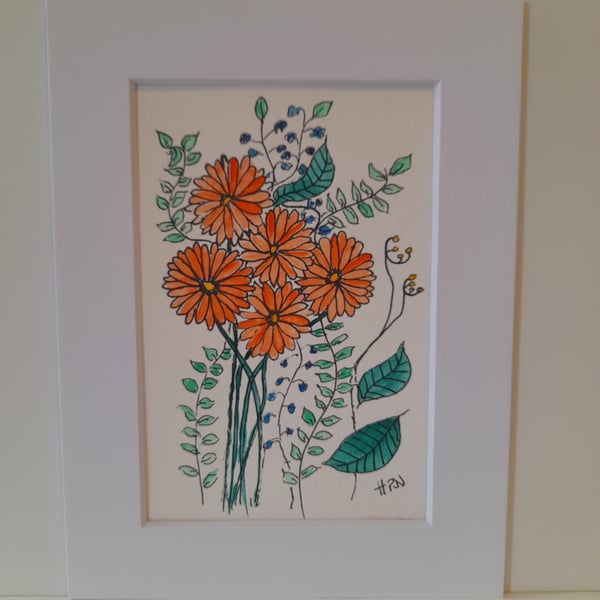 Fine point pen and watercolour floral drawing in 6x8 inch white mount HRN0002