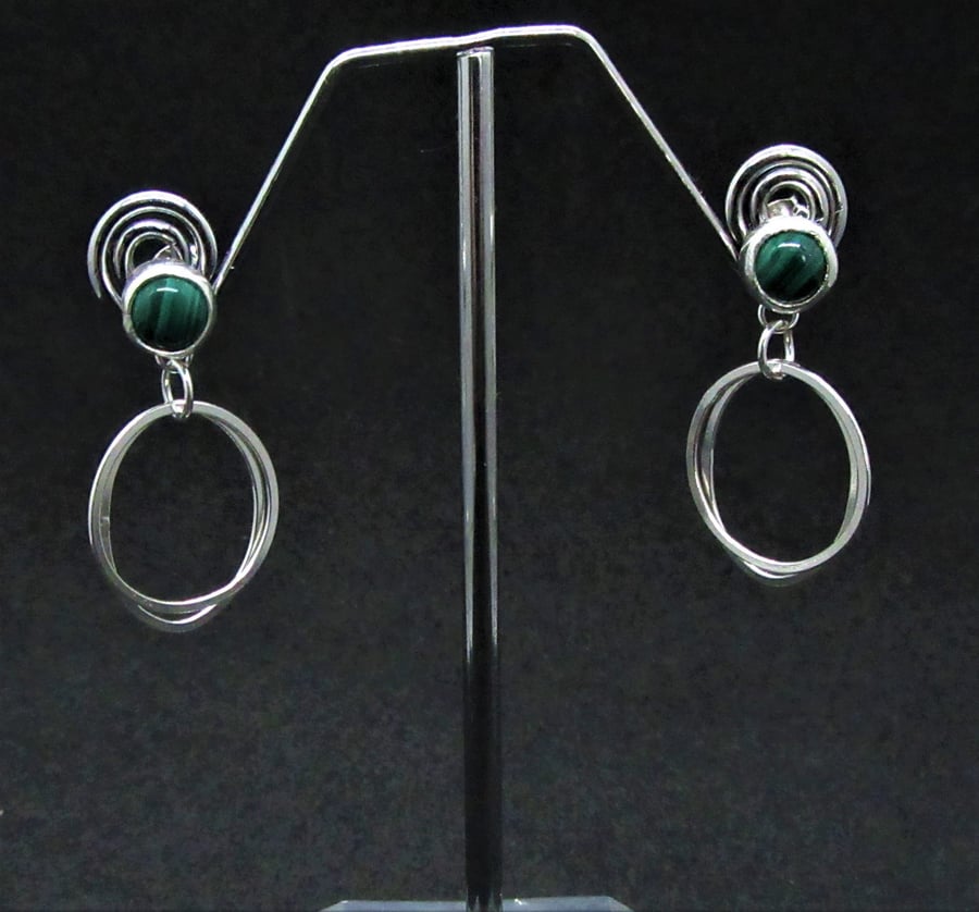 Malachite earrings - malachite stud earrings with recycled sterling silver hoops