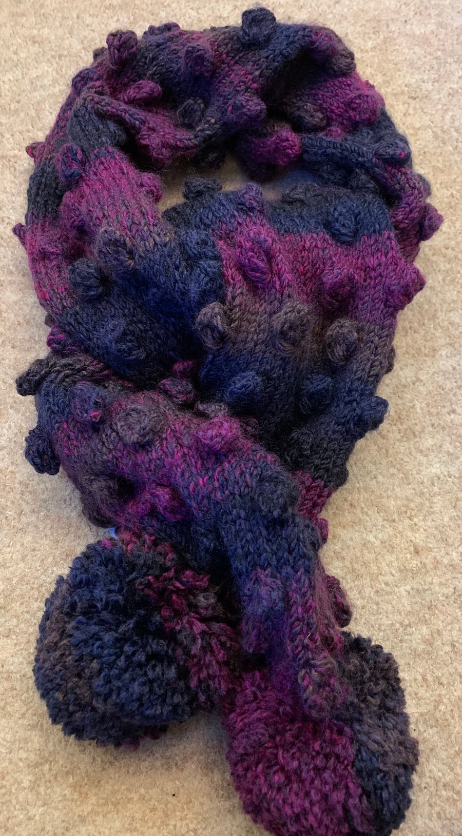 Hand Knitted Bobble Scarf in Ombré Purples