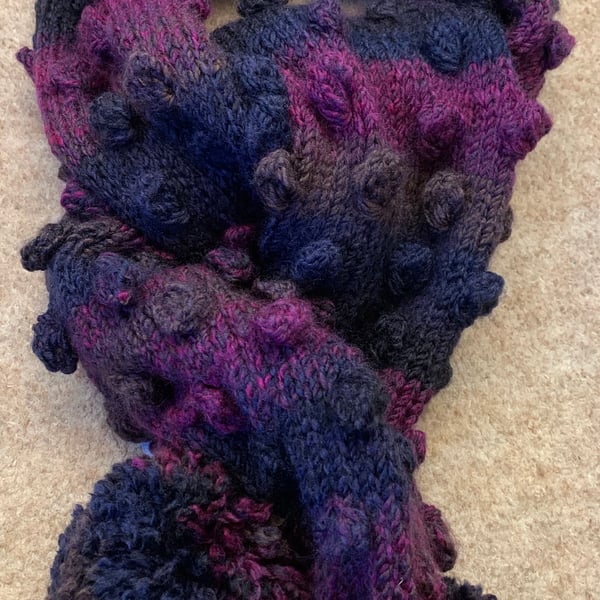 Hand Knitted Bobble Scarf in Ombré Purples