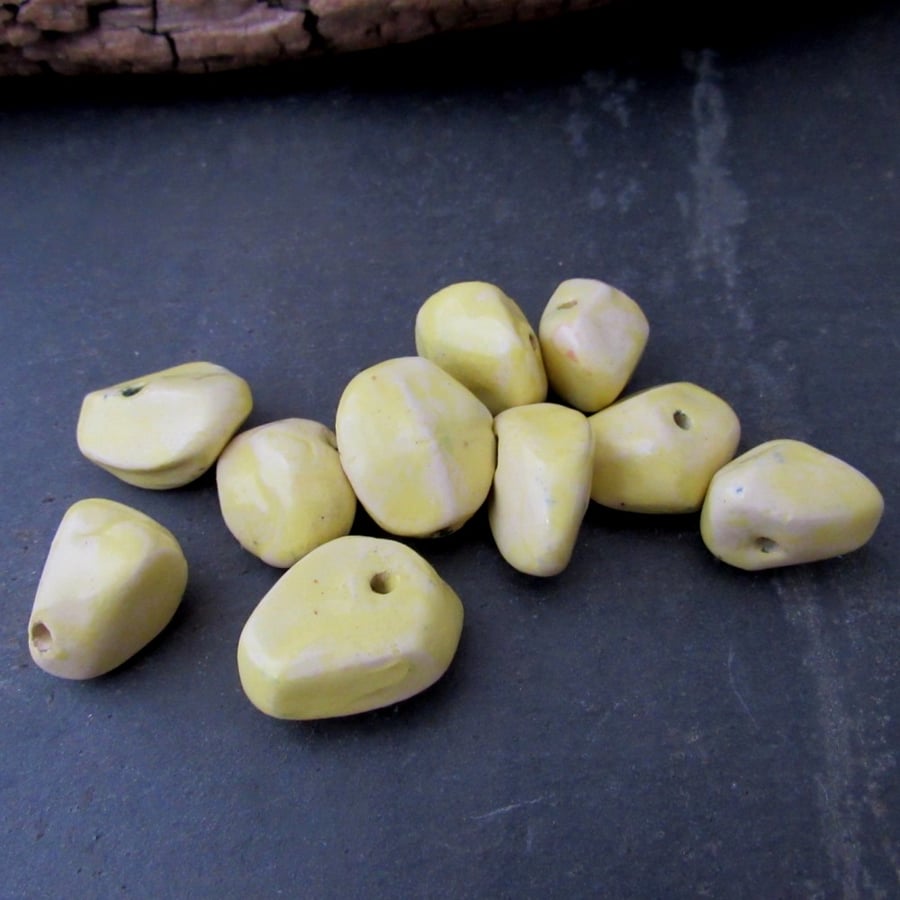 10 Small Yellow Glazed Nugget Pebble Clay Beads