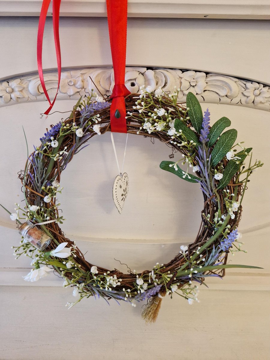 Beltane Spring Wreath with Home Protection Spell Jar and Cinnamon Broom.
