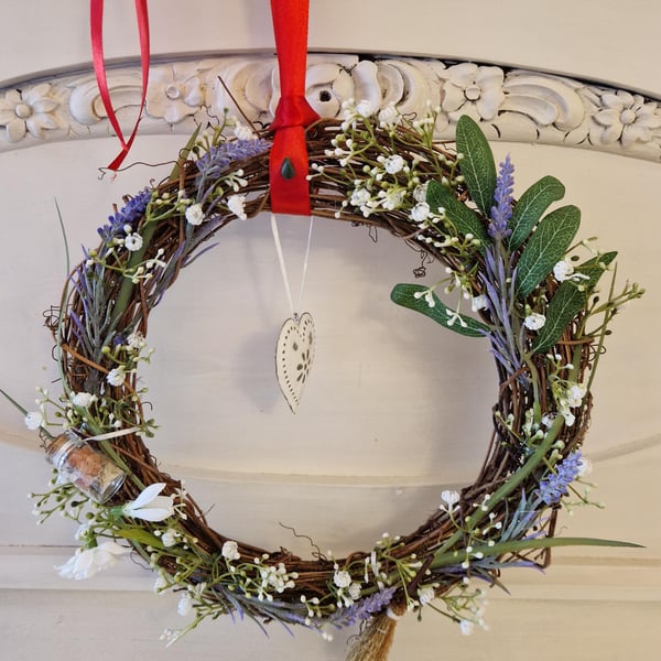 Beltane Spring Wreath with Home Protection Spell Jar and Cinnamon Broom.