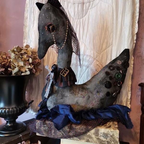 Primitive textile art Swan sculpture,dark textile art, vintage style, home decor
