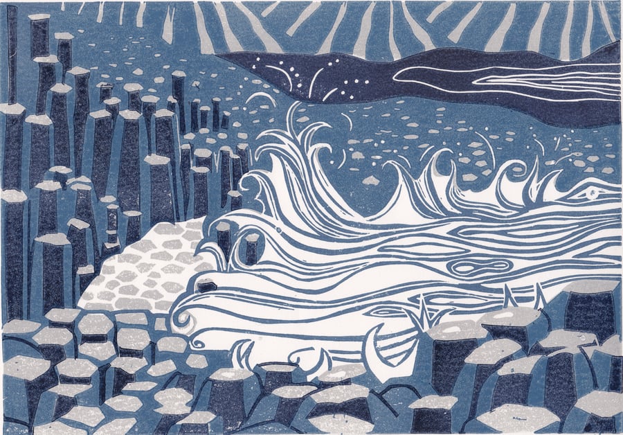 Original lino print "Giant's Causeway"