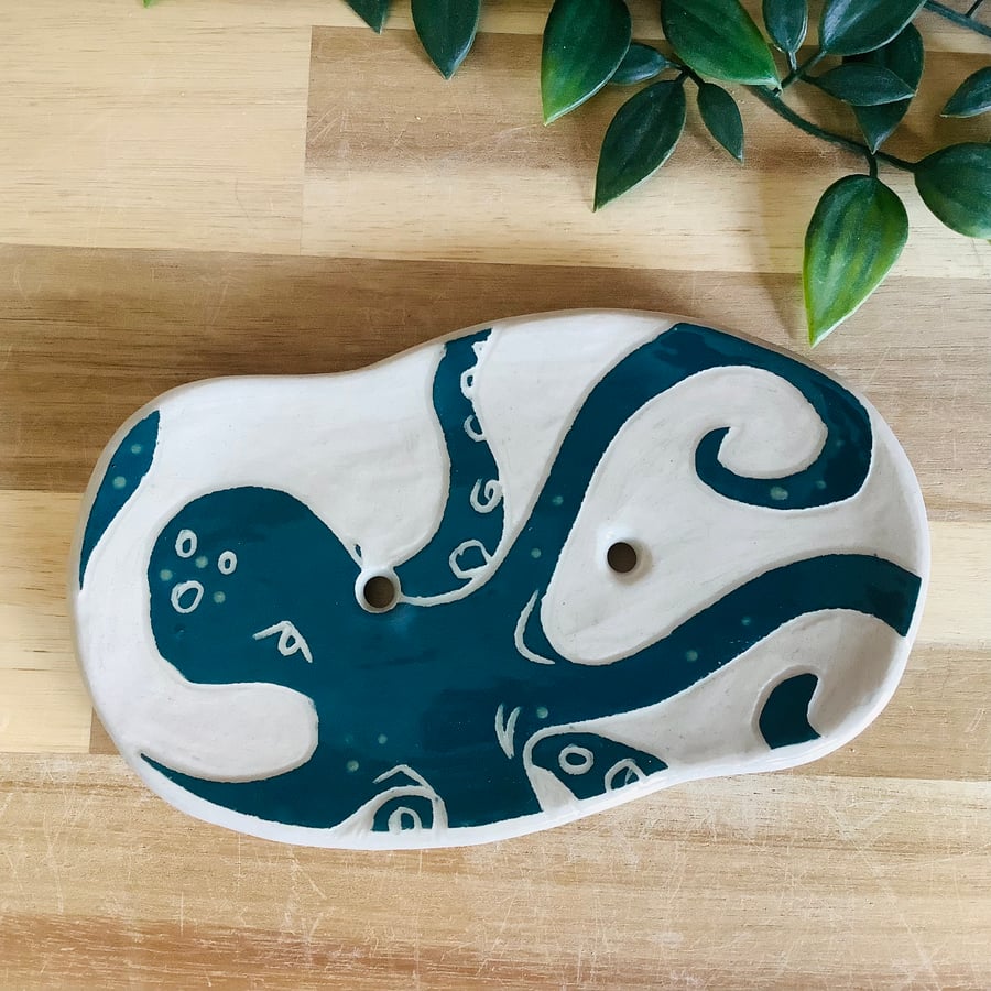 Handmade stoneware sgraffito soap dish with two drainage holes and foot ring