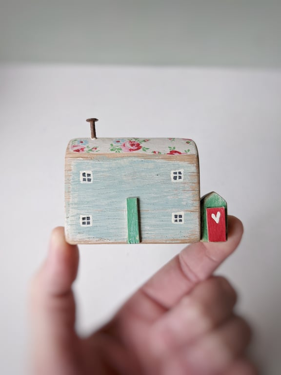 Little Handmade Painted Wooden House with Teeny Side Shed