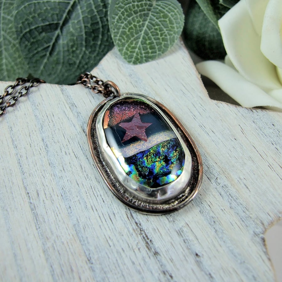 Dichroic Glass and Copper Midnight Seascape Necklace. Artisan Pendant