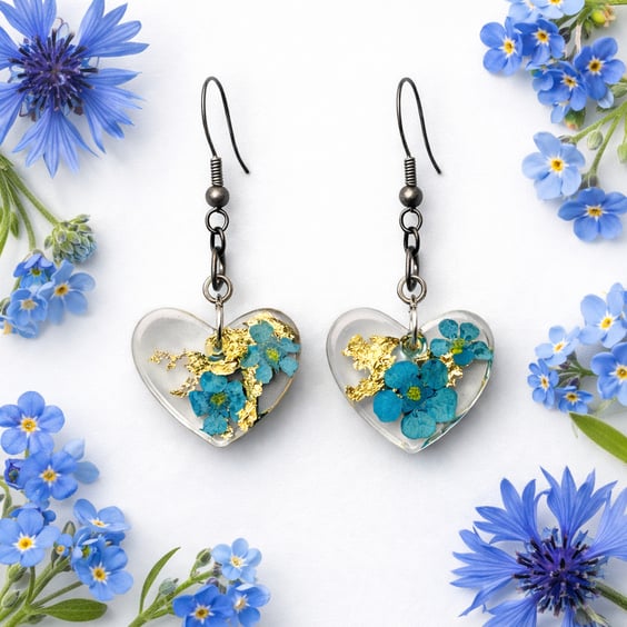 Blue Flower Heart Resin Earrings with Gold Leaf – Dainty Romantic Jewellery
