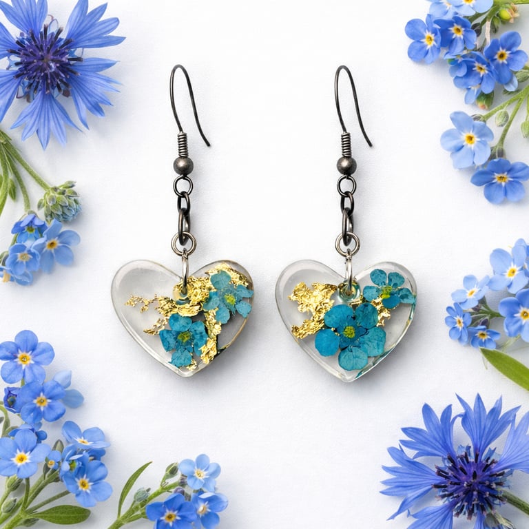 Blue Flower Heart Resin Earrings with Gold Leaf – Dainty Romantic Jewellery
