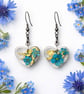 Blue Flower Heart Resin Earrings with Gold Leaf – Dainty Romantic Jewellery
