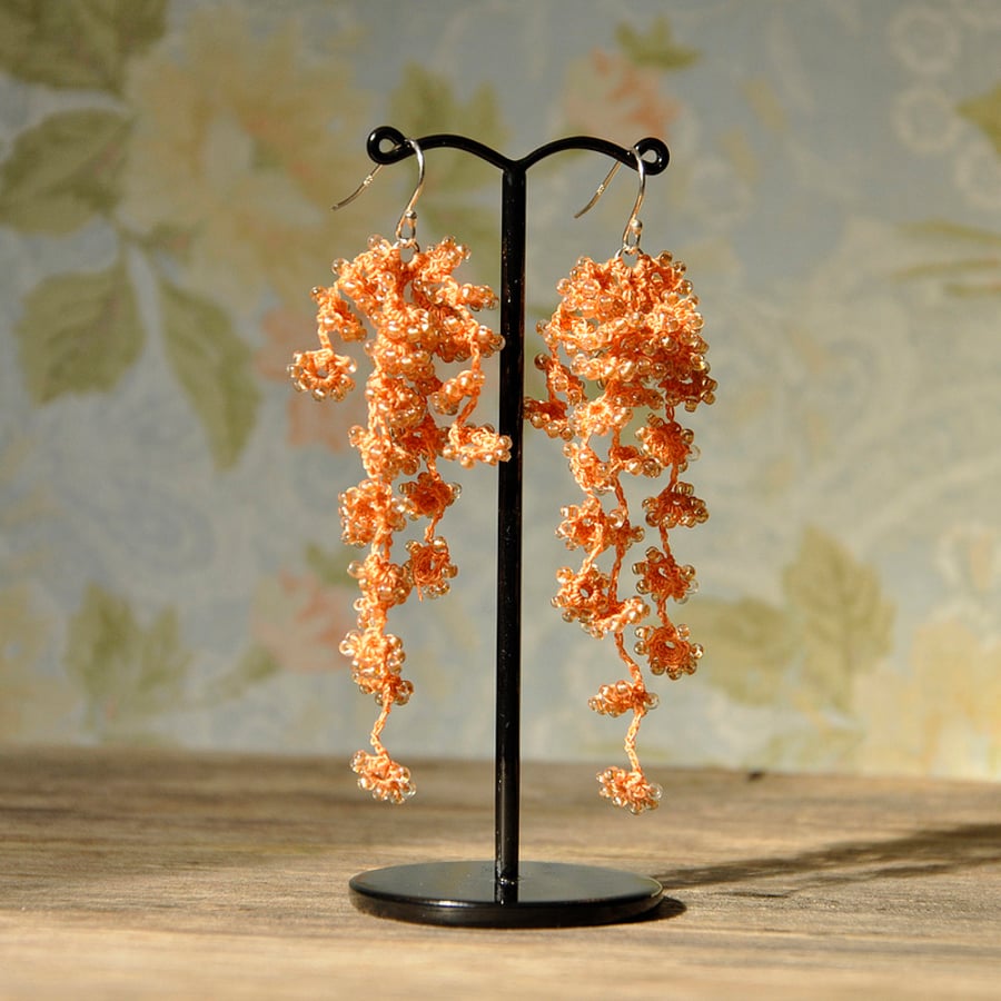 Flower Falls Crochet Earrings in Peach