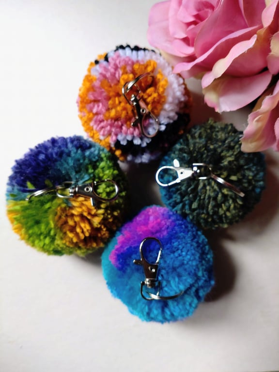 Wool Pompom Bag Charm, Fluffy Pompom Keyring, 7cm, Gift Idea.