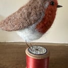 Needle felted Robin on a Bobbin 