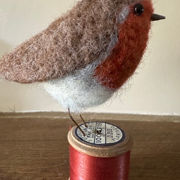 Needle felted Robin on a Bobbin 