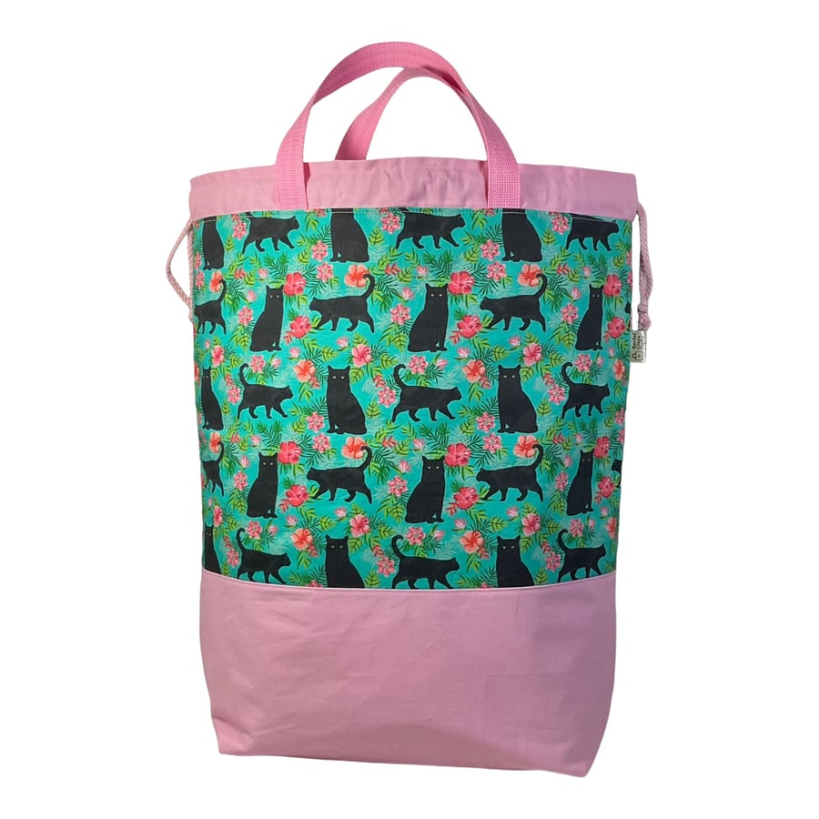 XXL drawstring knitting bag with black cats and flowers print, supersized multi 