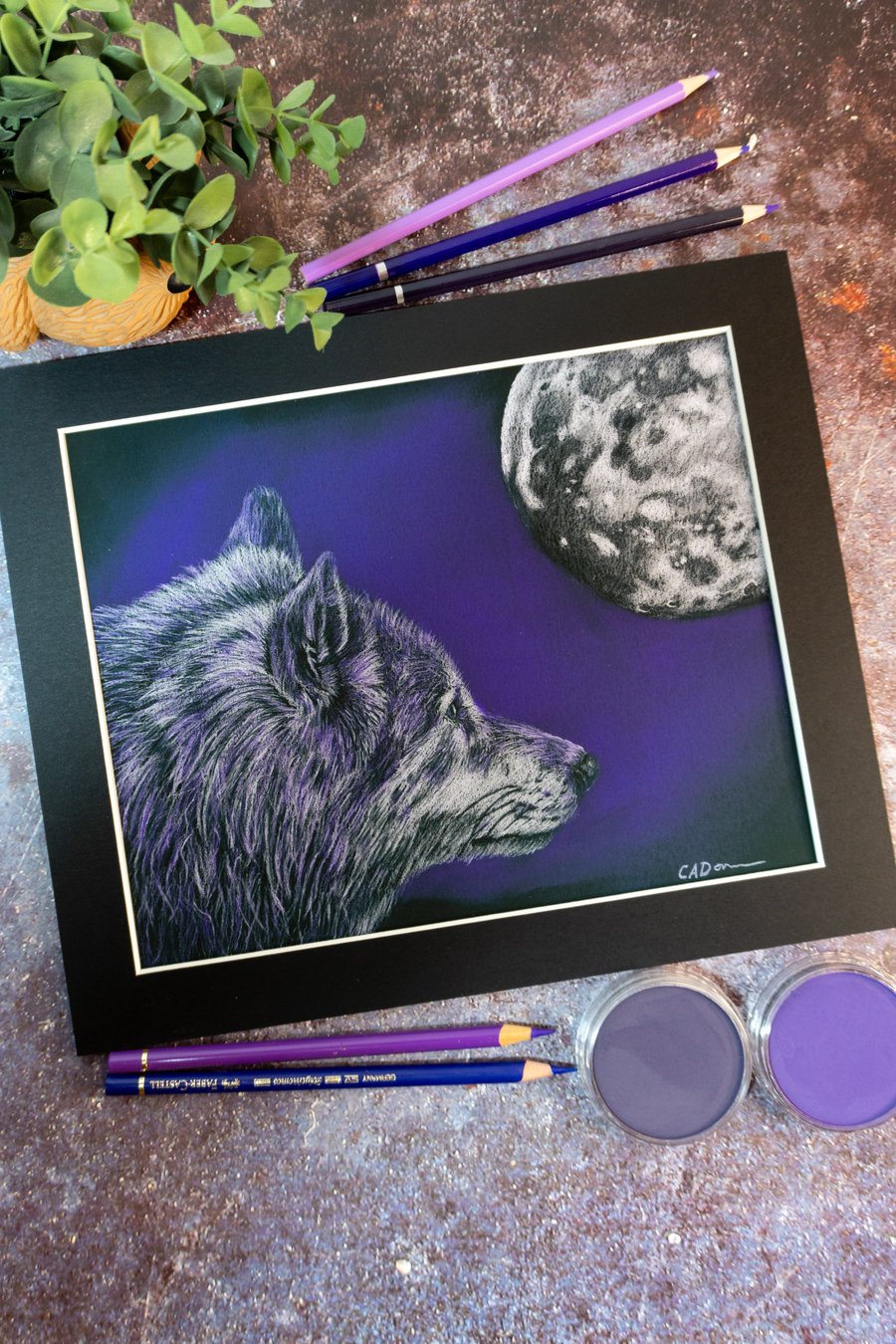 Giclee Fine Art Print of "Timeless Soul" Original Drawing with Wolf and Moon