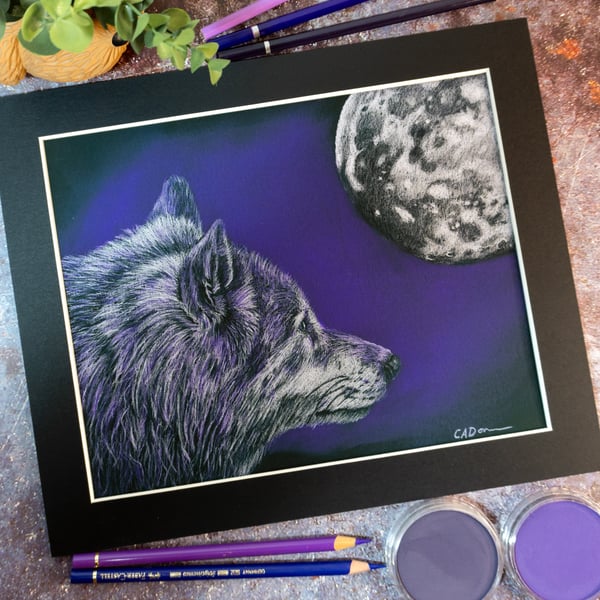 Giclee Fine Art Print of "Timeless Soul" Original Drawing with Wolf and Moon