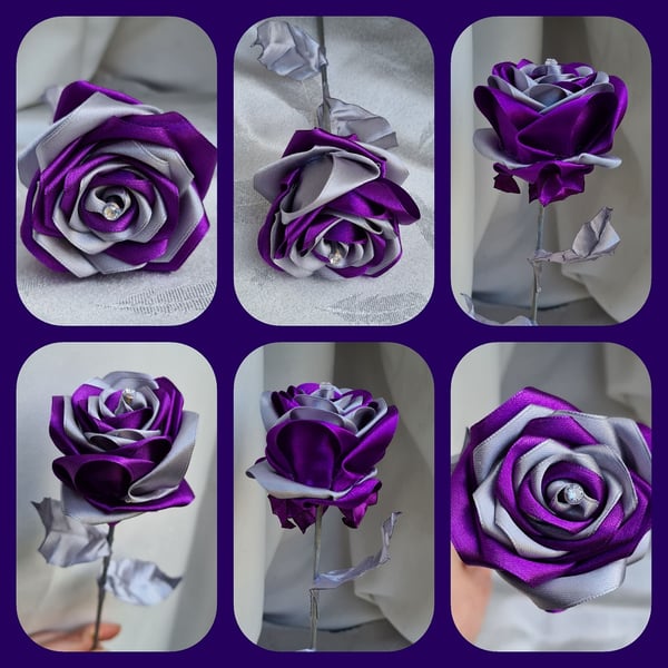 Gorgeous Handmade Purple and Silver Ribbon Rose - Long Stem Artificial Flower