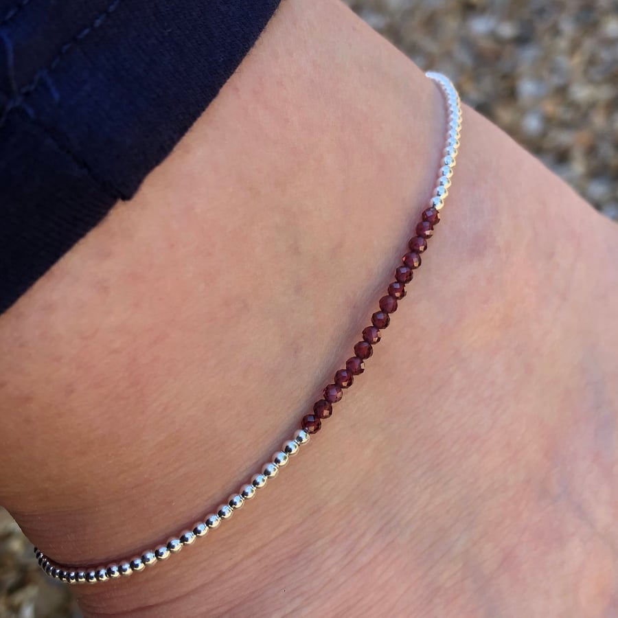 Sterling silver and garnet beaded anklet