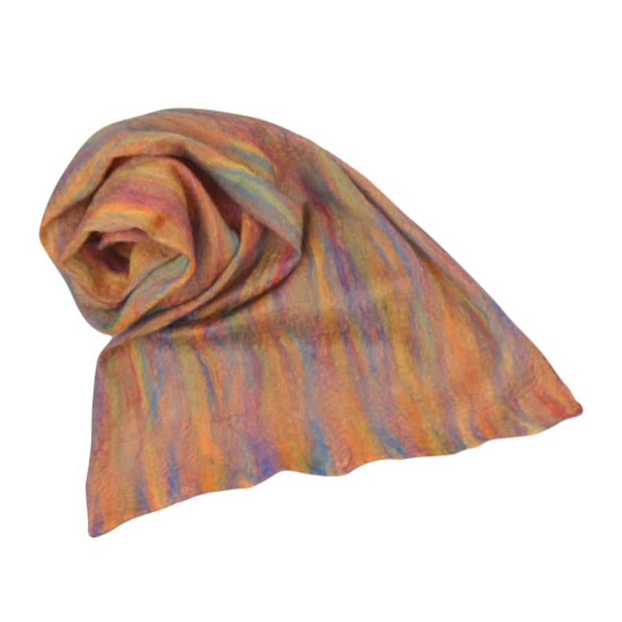 Nuno felted scarf in rainbow colours, wool on silk, gift boxed