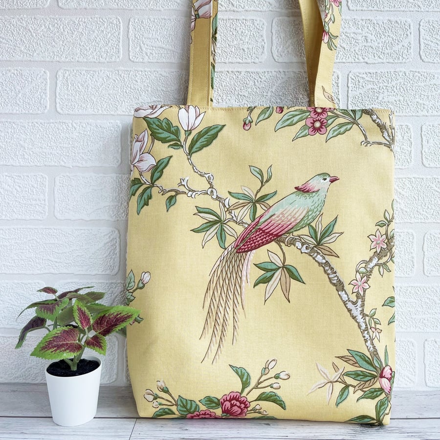 SOLD - Yellow Tote Bag with Exotic Bird and Flowers