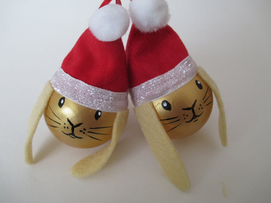 2x Bunny Rabbit Christmas Tree Bauble Hanging Decorations Wood Wooden Gold