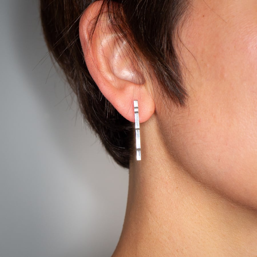 Lined Sterling Silver Bar Earrings 