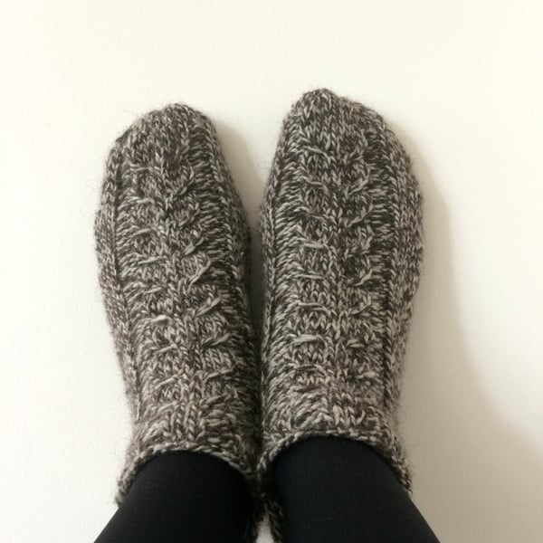 Luxury Wool Socks Slippers with Cables Grey Brown