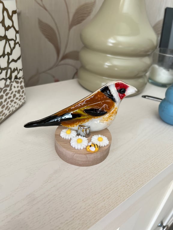 Goldfinch fused glass bird on wooden base with flowers and a bee- birds-garden b