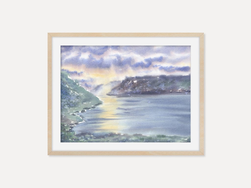 Fjord Landscape Wall Art Print, Glowing Sunset Over the Sea Poster, Nordic Art