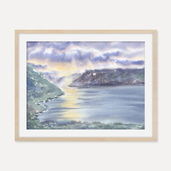 Fjord Landscape Wall Art Print, Glowing Sunset Over the Sea Poster, Nordic Art