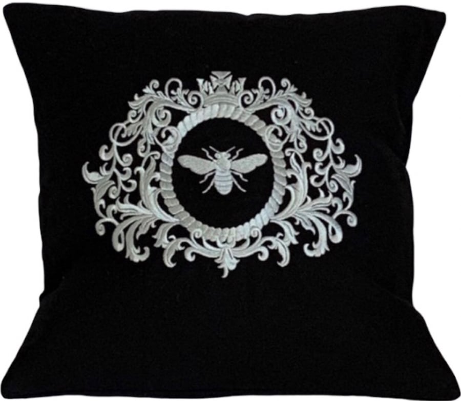Regal Silver Bee Embroidered Cushion Cover BLACK Gift Idea 