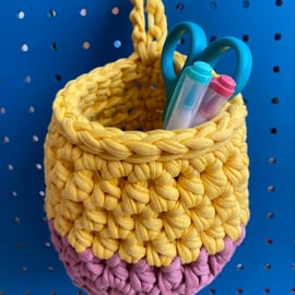 Small crochet hanging basket, pegboard basket - pink and yellow