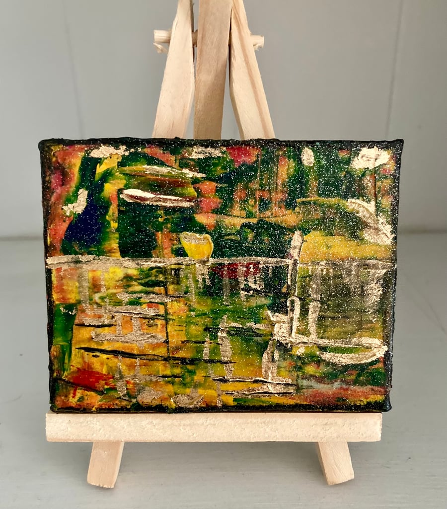 Miniature Abstract Canvas Painting With Gold Leaf And Display Easel