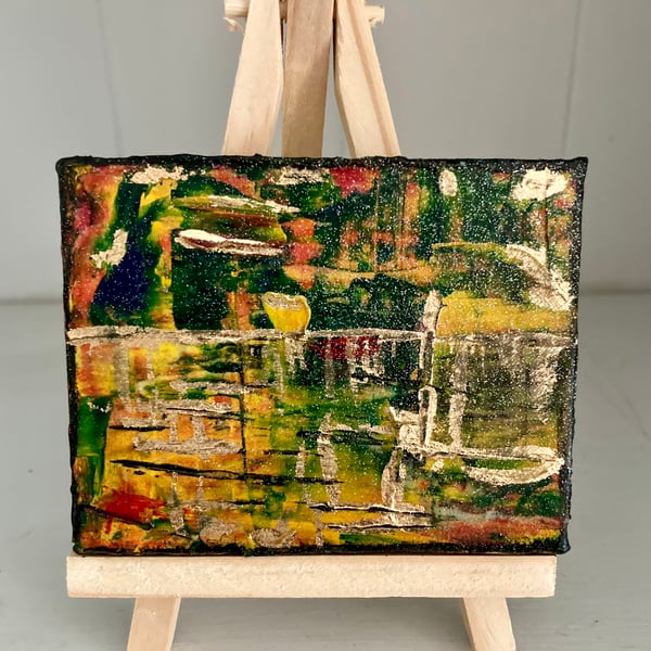 Miniature Abstract Canvas With Gold Leaf And Display Easel