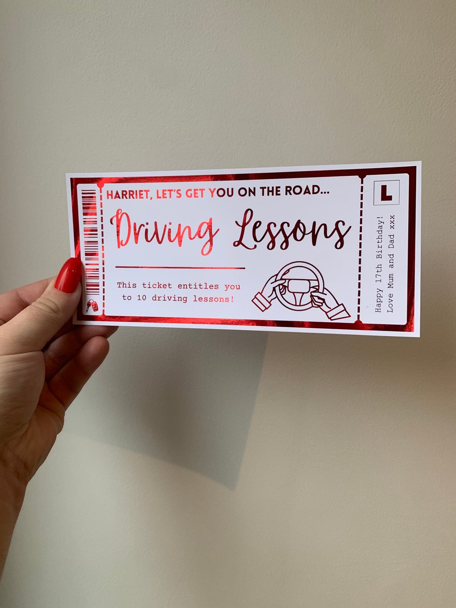 Driving Lessons Voucher, Learner Any Personalised Foil Gift Ticket
