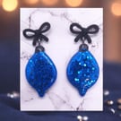 Sparkly Glitter Christmas Lights Bauble Dangly Earrings Blue