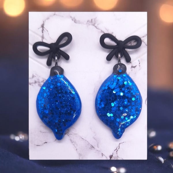 Sparkly Glitter Christmas Lights Bauble Dangly Earrings Blue