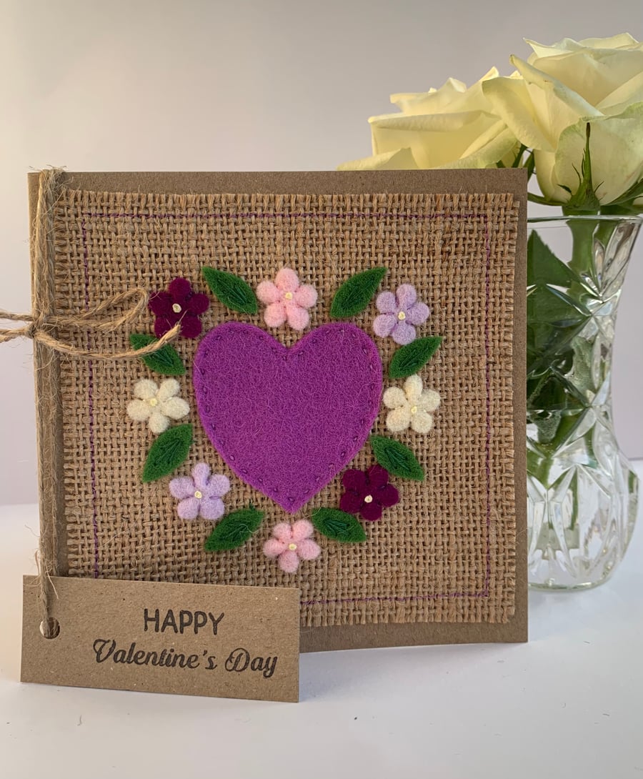 Handmade Valentines card. Heart and flowers, wool felt. Keepsake card.