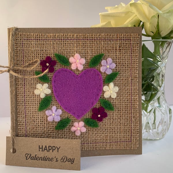 Handmade Valentines card. Heart and flowers, wool felt. Keepsake card.