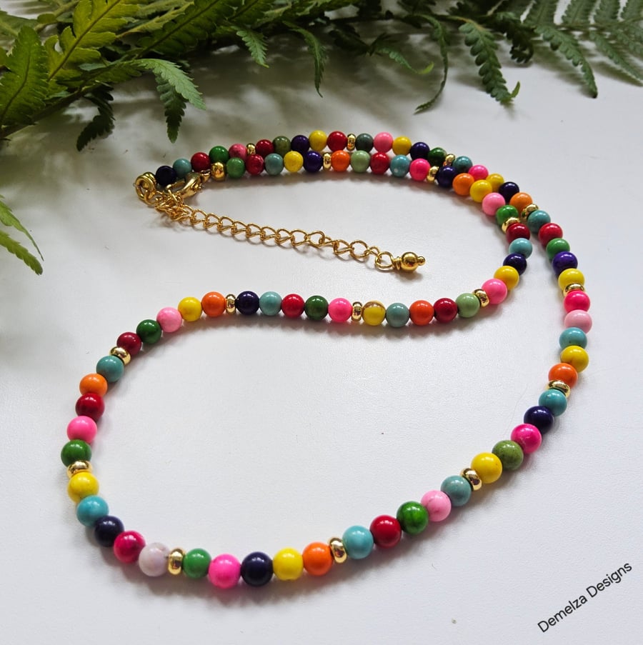 Multicoloured Howlite Necklace Gold Plated