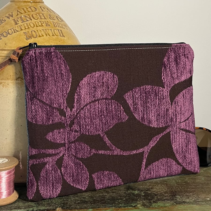 Aubergine chenille Liberty fabric and reclaimed denim pouch