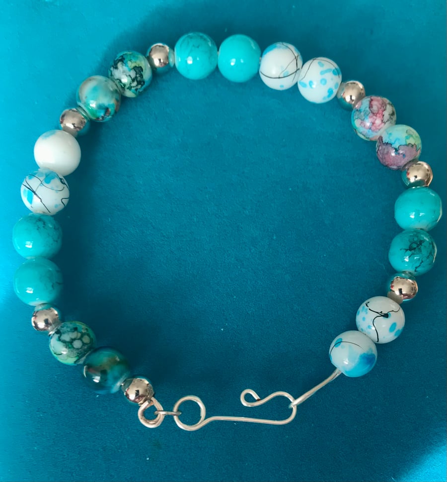 Boho Bracelet - Silver with Vibrant Turquoise Glass Beads